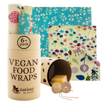 Vegan Wax Wraps, Set of 6 Sustainable & Eco-Friendly Waxed Food Storage Cloths - Flowers