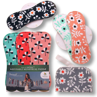 Reusable Menstrual Pads, 6-Pack Cotton Reusable Sanitary Towels with Wings (size L & XL), MADE IN EU, for Menstrual Periods and Incontinence; EXTRA Double Wet Bag with Strap; Reusable Incontinence Towel